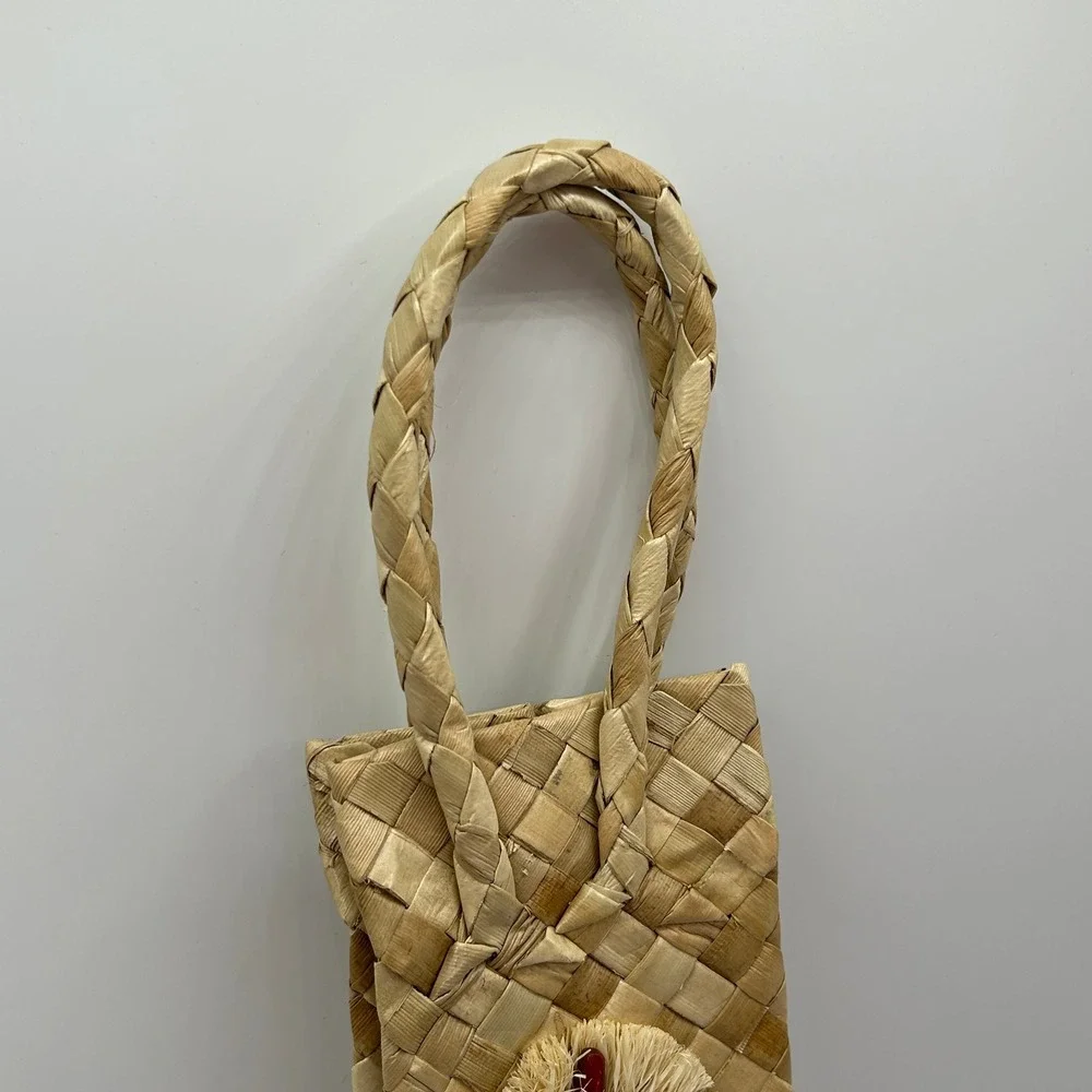 Woven Straw Wine Bottle Gift Bag Natural Palm Leaf Braided Handle Tropical Tiki